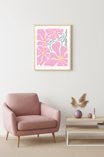 Doğal Ahşap Çerçeveli Retro Çiçek Desenli Tablo - Pastel Tonlar | huhu2780