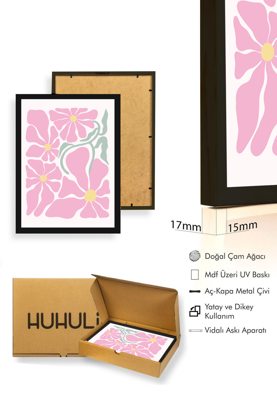 Doğal Ahşap Çerçeveli Retro Çiçek Desenli Tablo - Pastel Tonlar | huhu2780