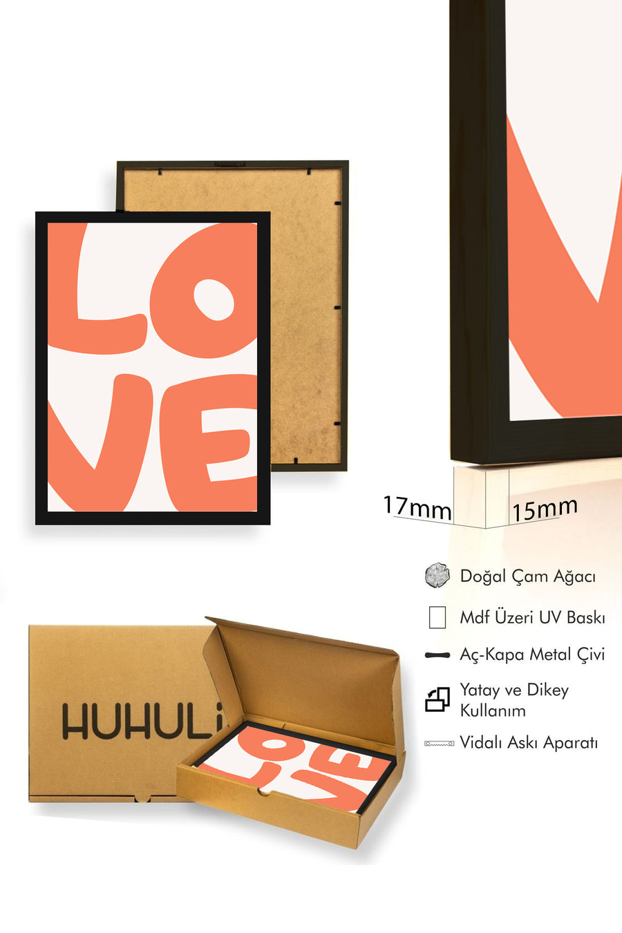 Doğal Ahşap Çerçeveli Love Yazılı Retro Tablo - Minimalist Dekorasyon | huhu2785