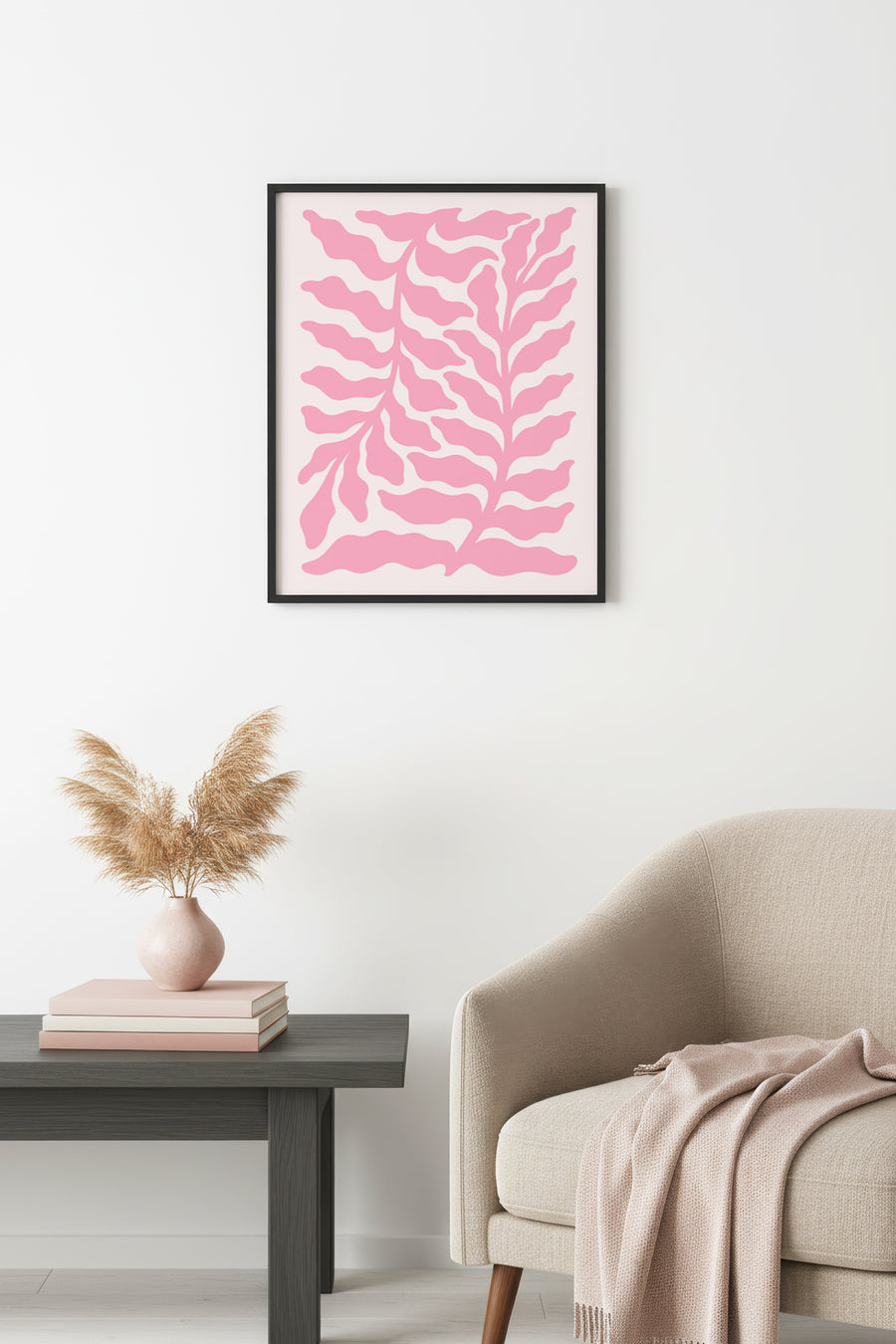 Doğal Ahşap Çerçeveli Retro Yapraklı Tablo - Pastel Bitki Desenli Sanat Tablo | huhu2787