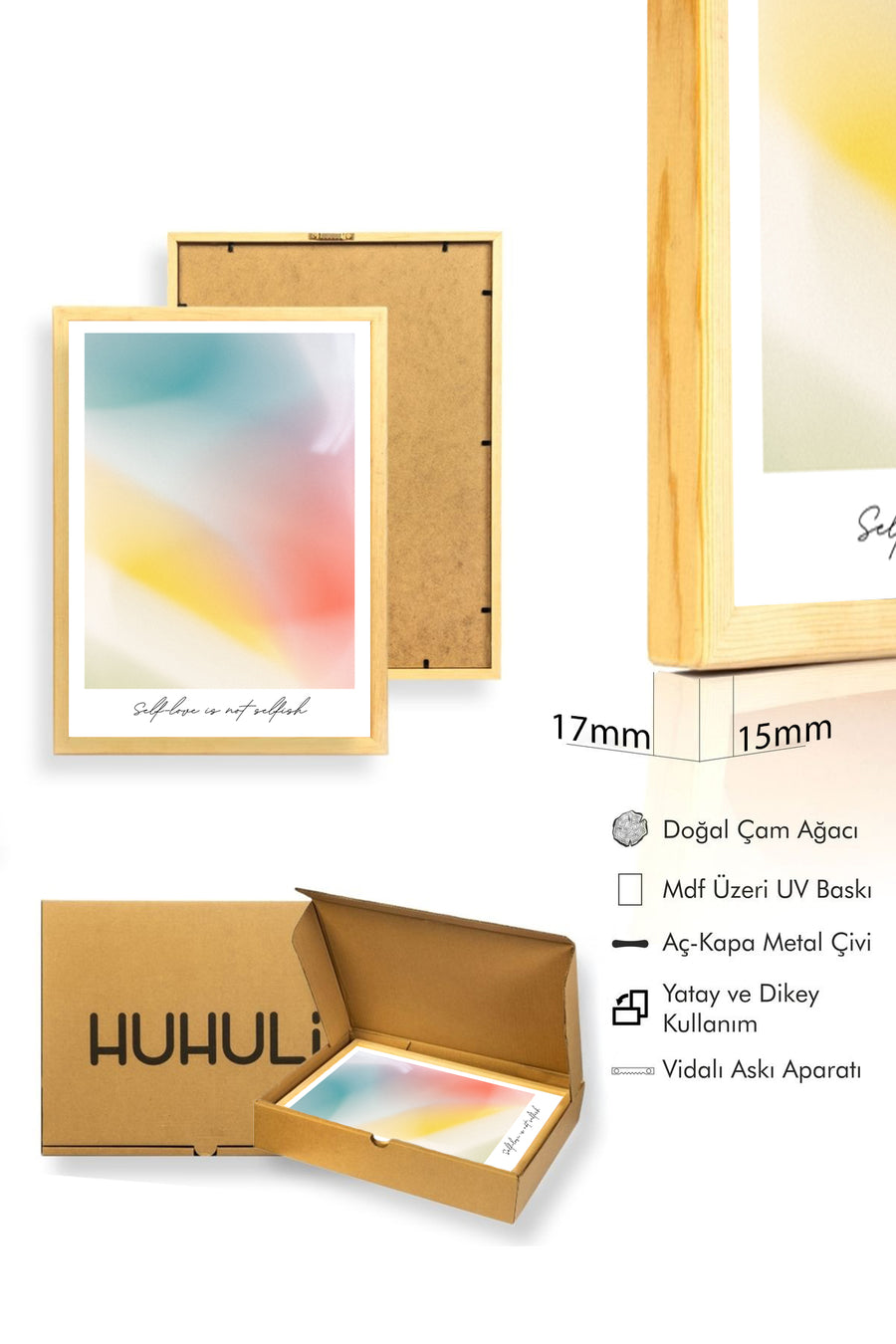 Doğal Ahşap Çerçeveli Retro Tablo - Self Love Pastel Tonlar | huhu2789