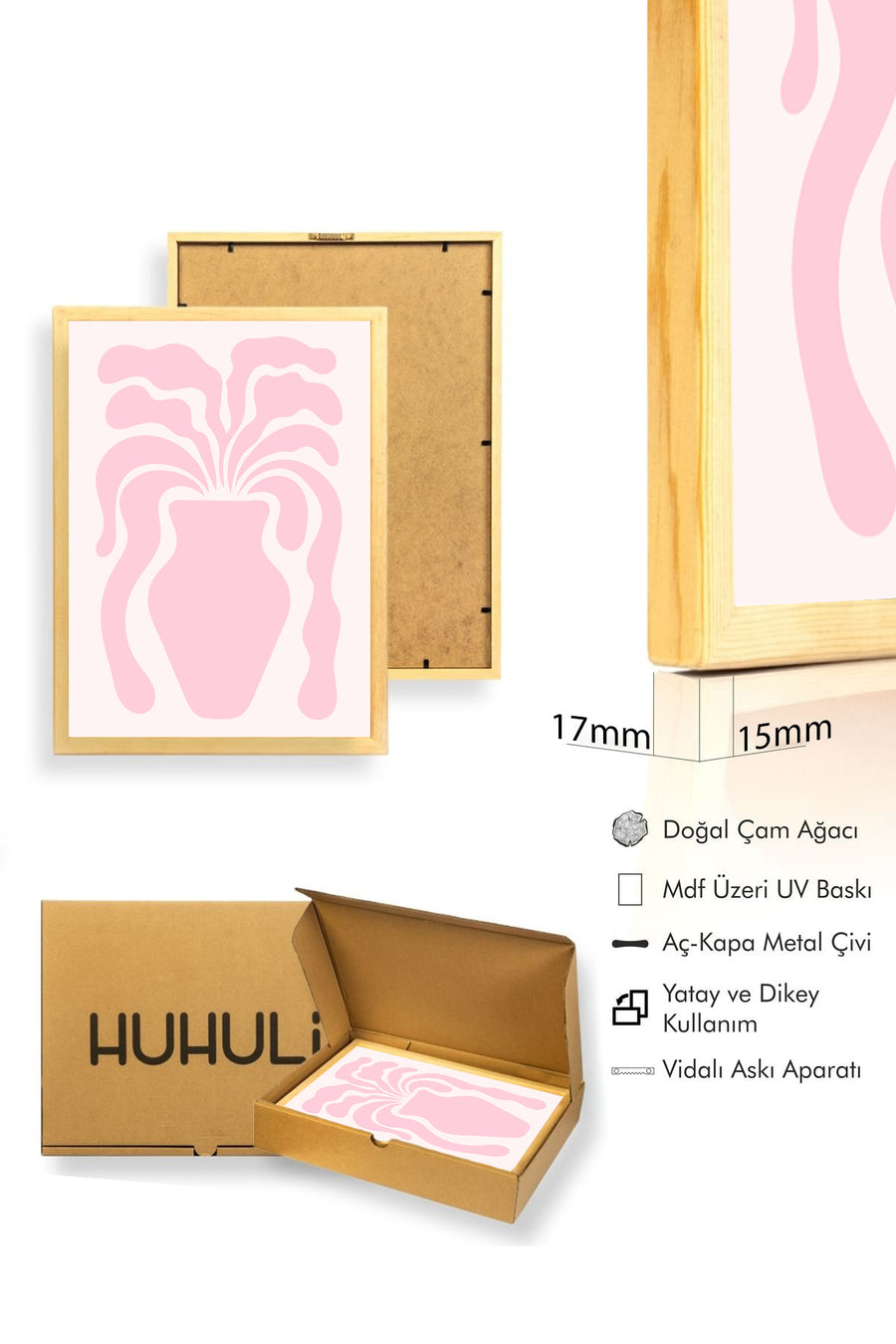 Doğal Ahşap Çerçeveli Boho Çiçek Tablo - Pastel Tonlar | huhu2790