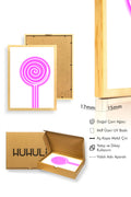 Doğal Ahşap Çerçeveli Retro Pop Art Tablo - Pembe Lollipop Desenli | huhu2791