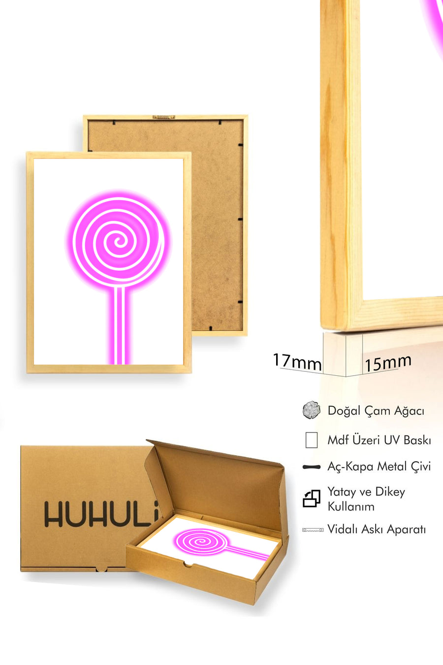 Doğal Ahşap Çerçeveli Retro Pop Art Tablo - Pembe Lollipop Desenli | huhu2791
