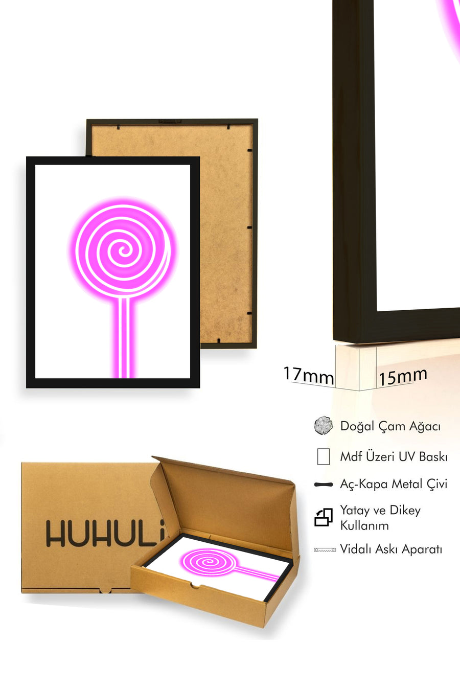 Doğal Ahşap Çerçeveli Retro Pop Art Tablo - Pembe Lollipop Desenli | huhu2791