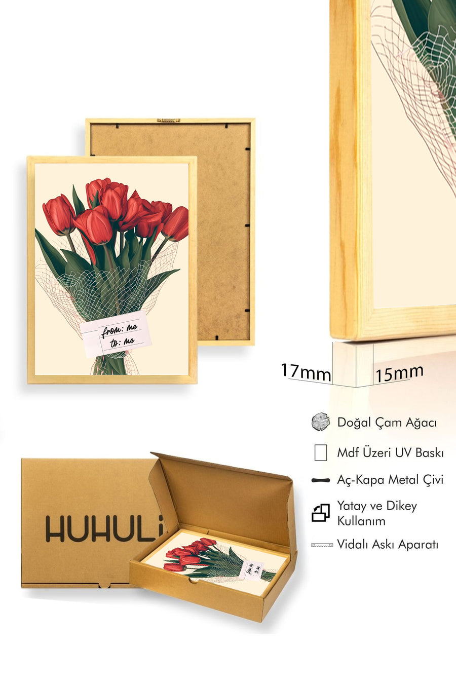 Doğal Ahşap Çerçeveli Retro Tablo - Kırmızı Lale Çiçek Desenli | huhu2795