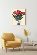 Doğal Ahşap Çerçeveli Retro Tablo - Kırmızı Lale Çiçek Desenli | huhu2795