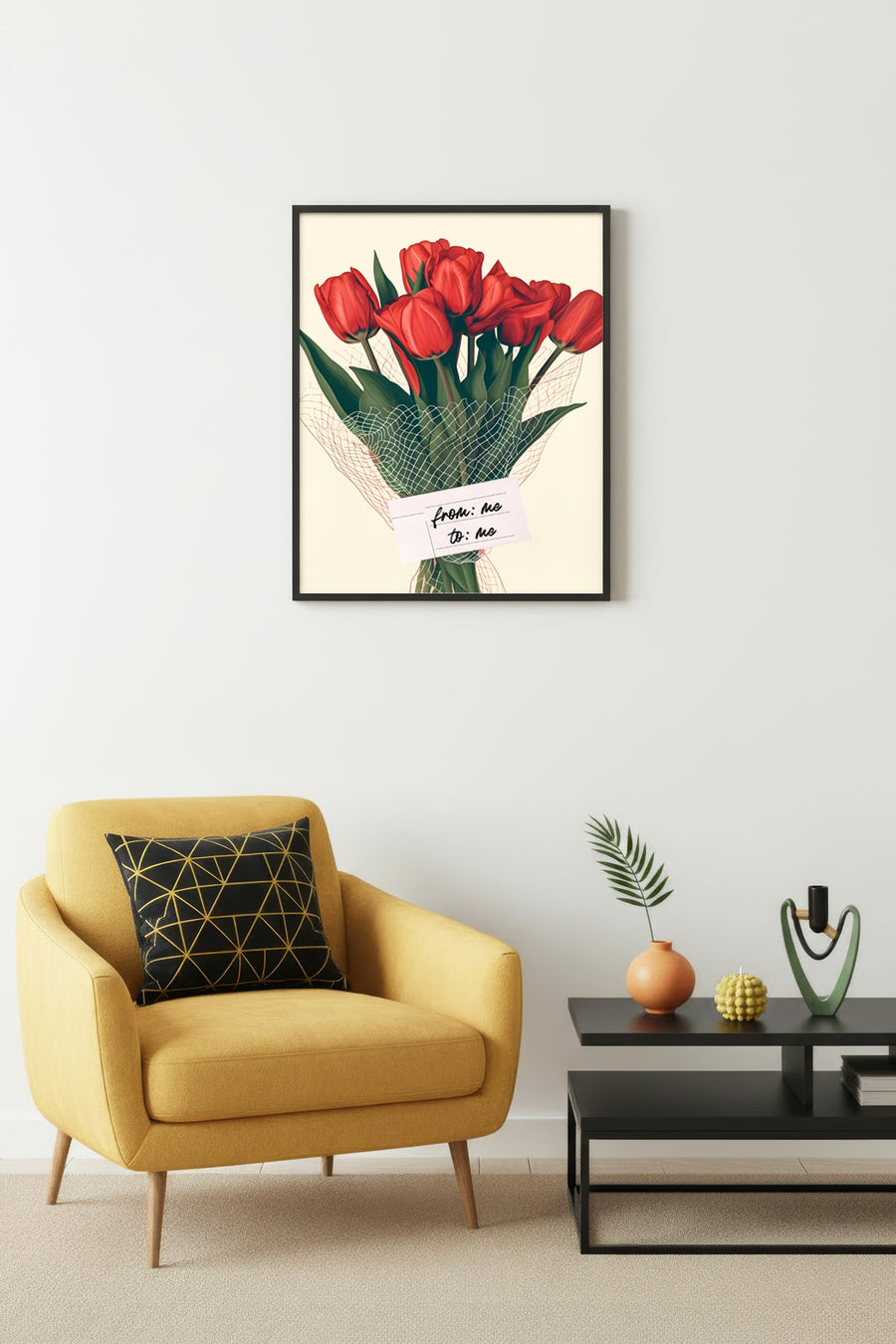 Doğal Ahşap Çerçeveli Retro Tablo - Kırmızı Lale Çiçek Desenli | huhu2795