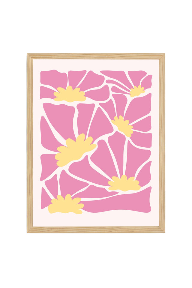 Doğal Ahşap Çerçeveli Retro Desenli Tablo - Pembe Soyut Floral Çiçek | huhu2796