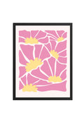 Doğal Ahşap Çerçeveli Retro Desenli Tablo - Pembe Soyut Floral Çiçek | huhu2796