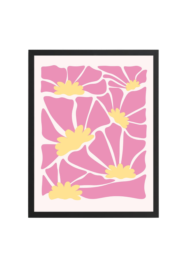 Doğal Ahşap Çerçeveli Retro Desenli Tablo - Pembe Soyut Floral Çiçek | huhu2796