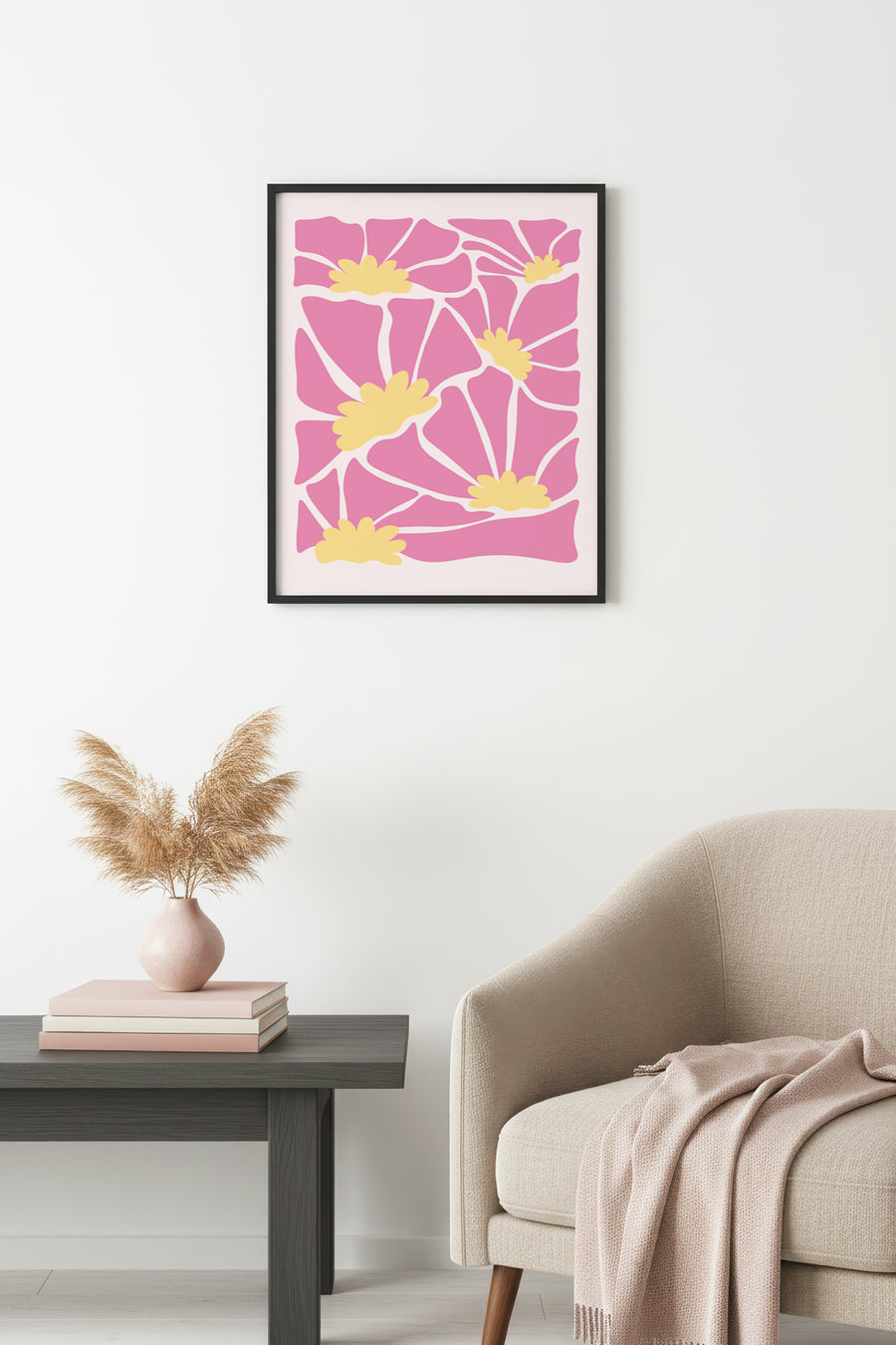 Doğal Ahşap Çerçeveli Retro Desenli Tablo - Pembe Soyut Floral Çiçek | huhu2796