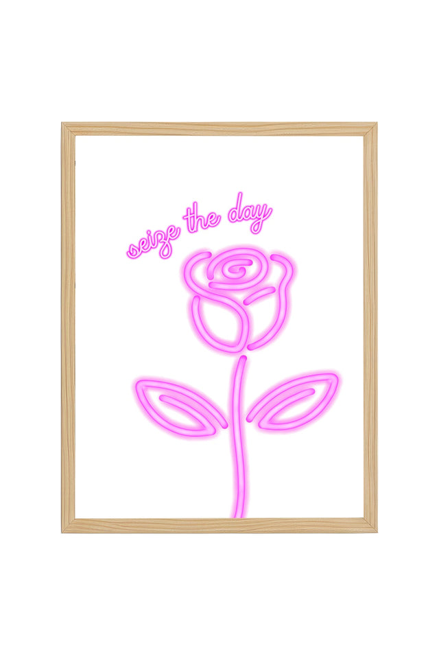Doğal Ahşap Çerçeveli Retro Pembe Gül Tablo - Seize The Day Minimalist | huhu2797