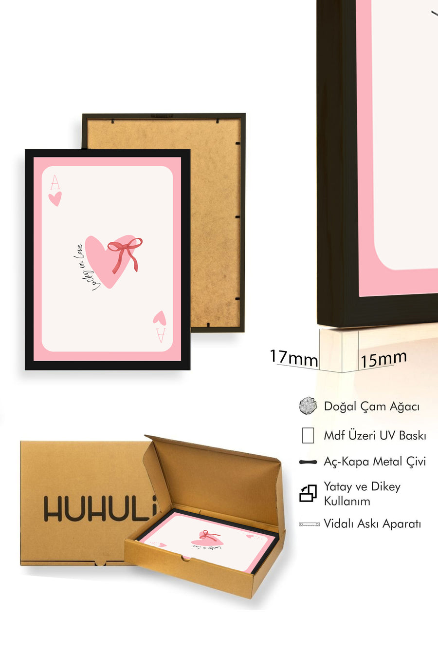 Doğal Ahşap Çerçeveli Romantik Kalp Tablo - Aşk ve Şans Desenli - Pastel | huhu2798