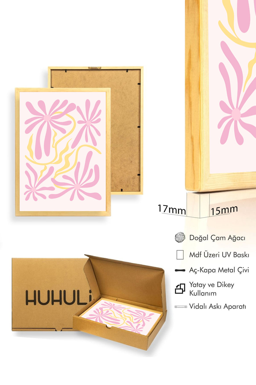 Doğal Ahşap Çerçeveli Retro Floral Tablo - Pembe ve Sarı Çiçek Desenli | huhu2799