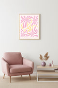 Doğal Ahşap Çerçeveli Retro Floral Tablo - Pembe ve Sarı Çiçek Desenli | huhu2799