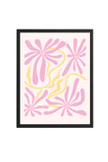 Doğal Ahşap Çerçeveli Retro Floral Tablo - Pembe ve Sarı Çiçek Desenli | huhu2799