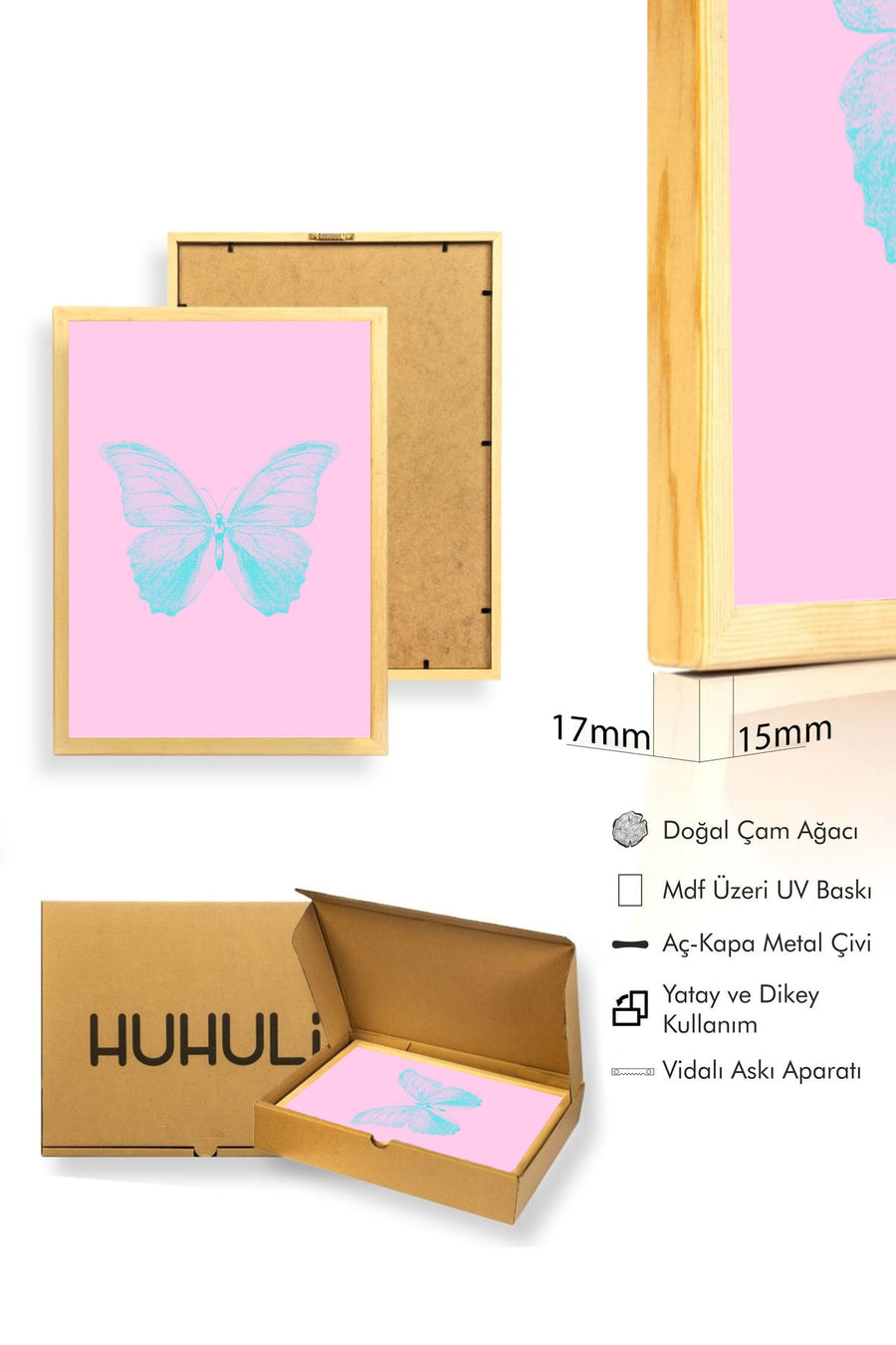 Doğal Ahşap Çerçeveli Kelebek Tablo - Retro Pastel Tonlar - Minimal Desen | huhu2800
