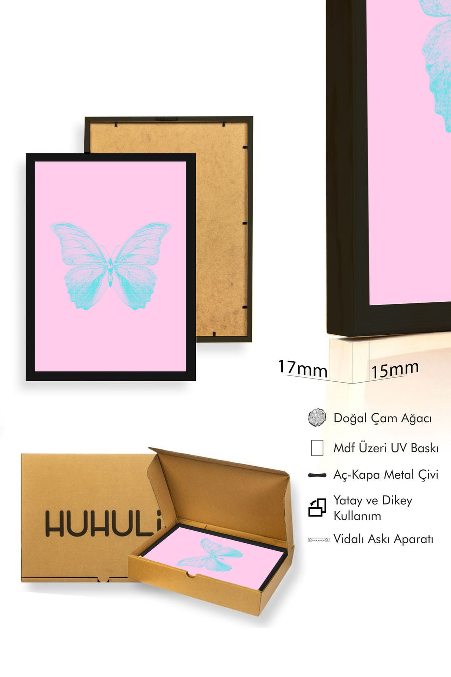 Doğal Ahşap Çerçeveli Kelebek Tablo - Retro Pastel Tonlar - Minimal Desen | huhu2800