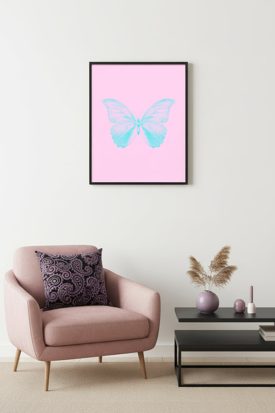Doğal Ahşap Çerçeveli Kelebek Tablo - Retro Pastel Tonlar - Minimal Desen | huhu2800