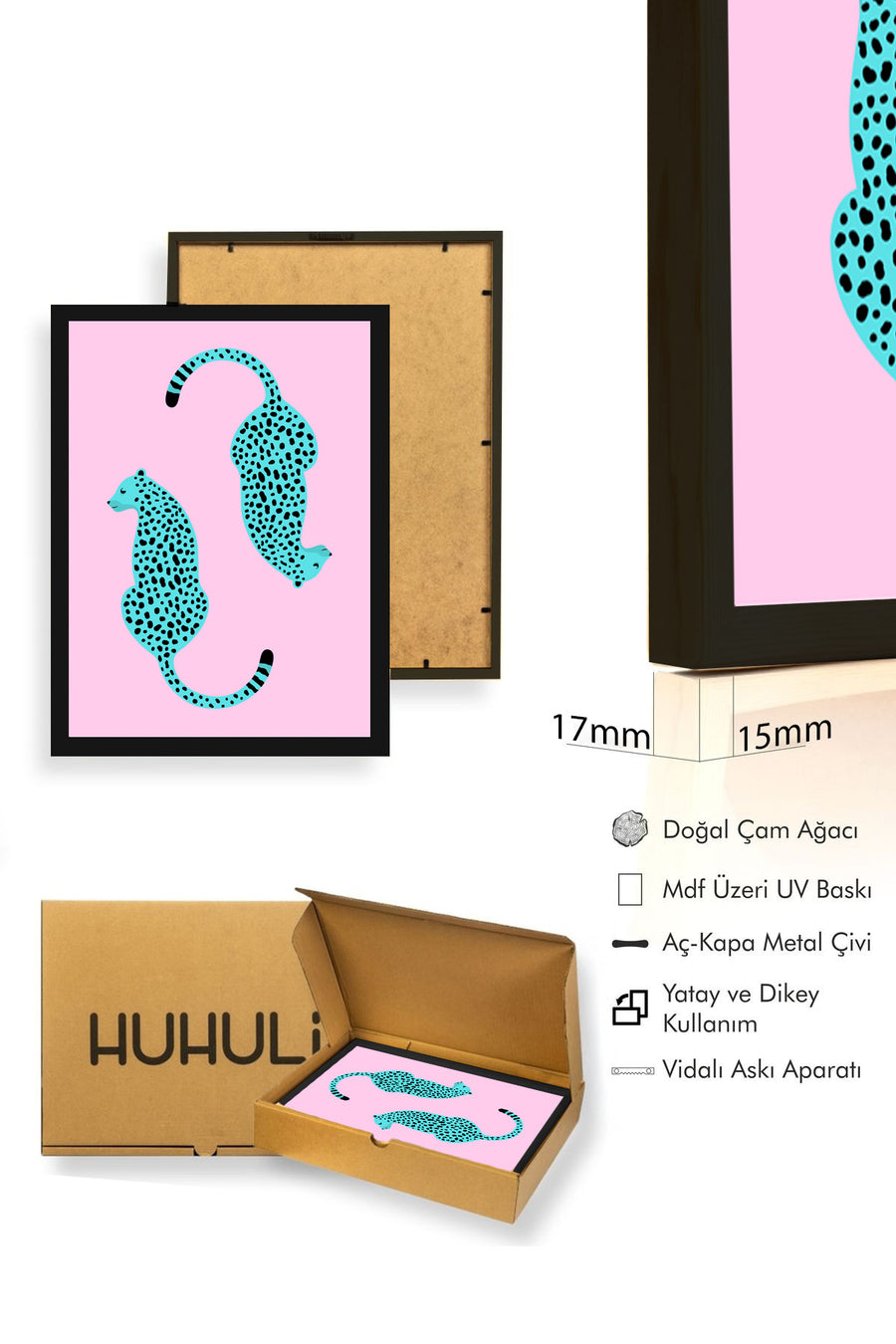 Doğal Ahşap Çerçeveli Retro Leopar Tablo - Canlı Hayvan Baskılı | huhu2802