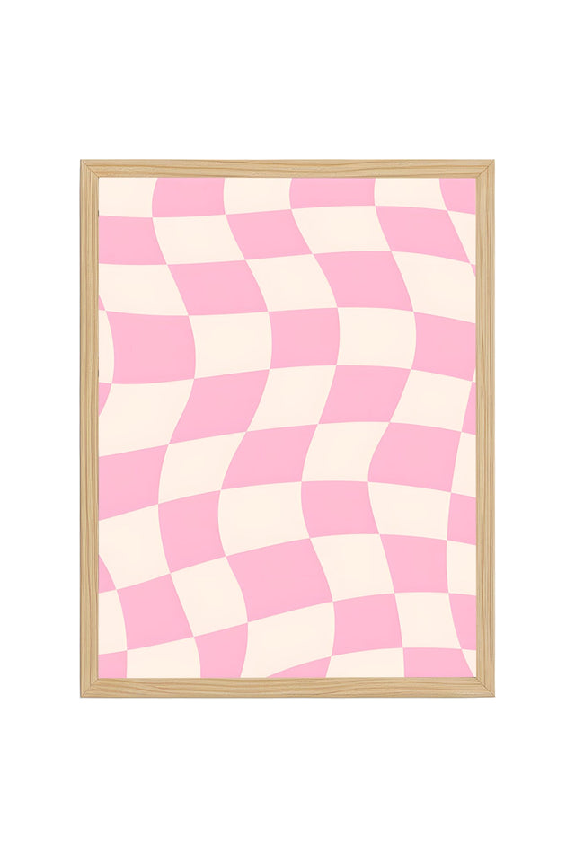 Doğal Ahşap Çerçeveli Pastel Damalı Retro Tablo - Pembe Tonlar | huhu2806