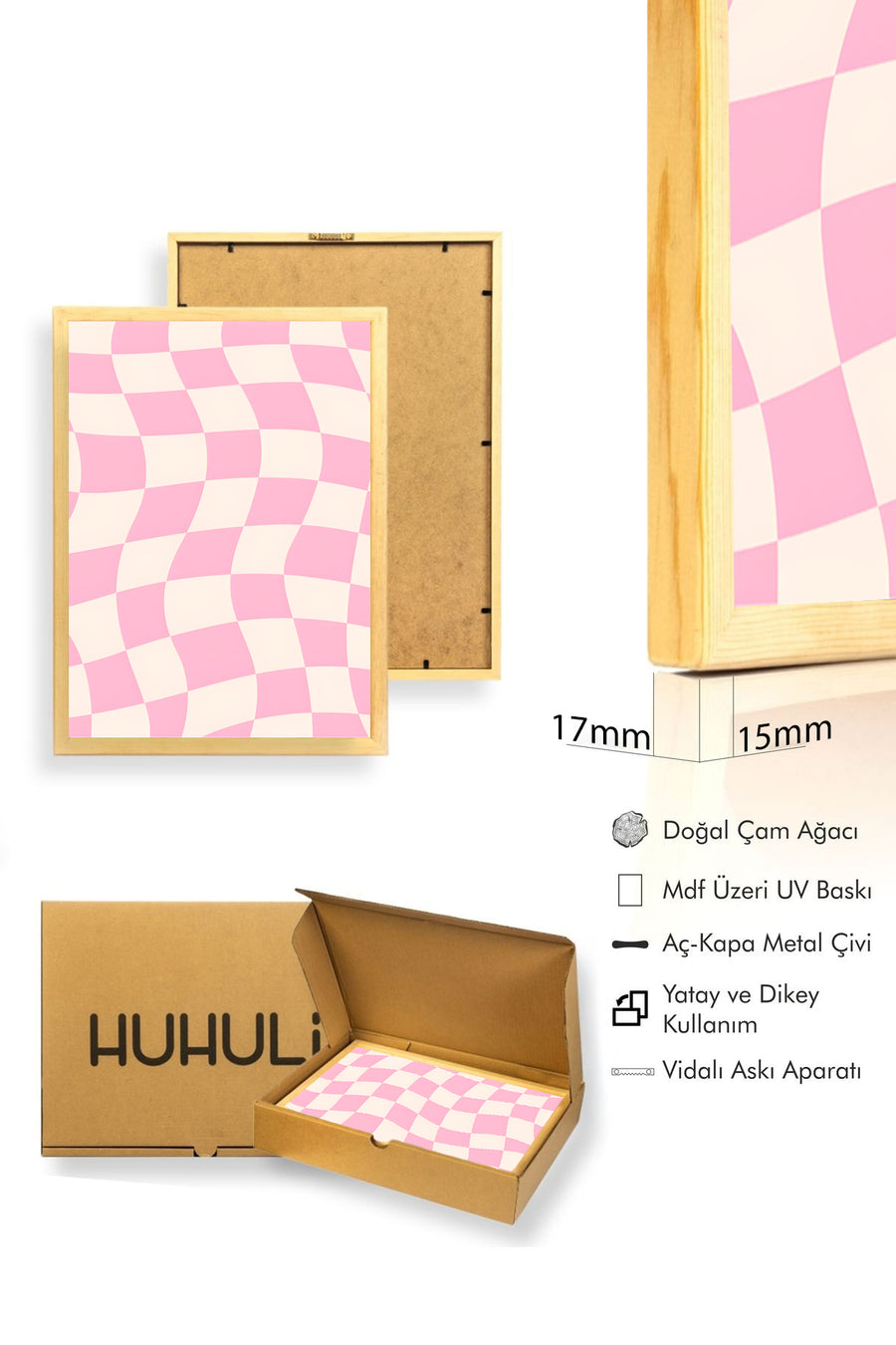 Doğal Ahşap Çerçeveli Pastel Damalı Retro Tablo - Pembe Tonlar | huhu2806