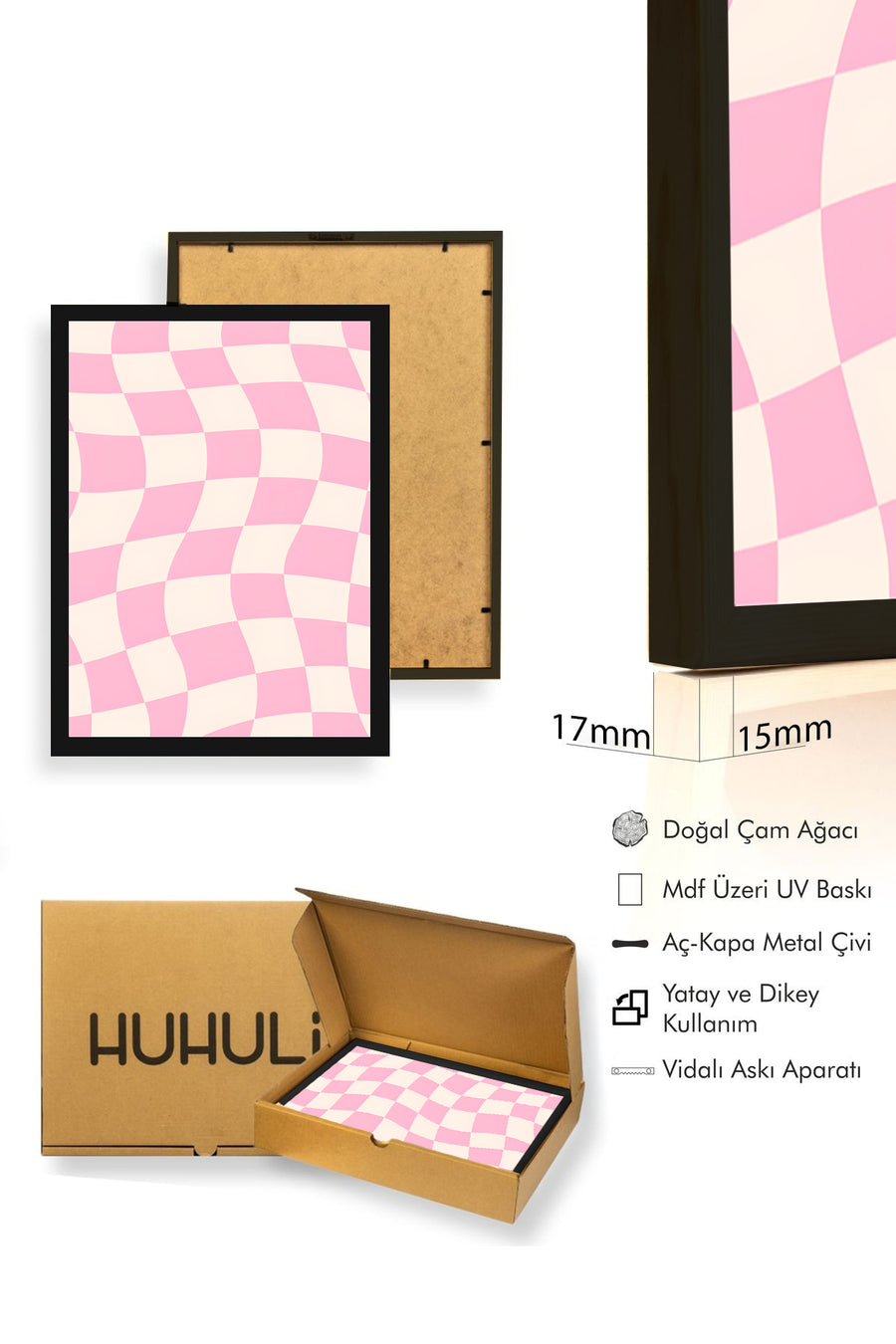 Doğal Ahşap Çerçeveli Pastel Damalı Retro Tablo - Pembe Tonlar | huhu2806