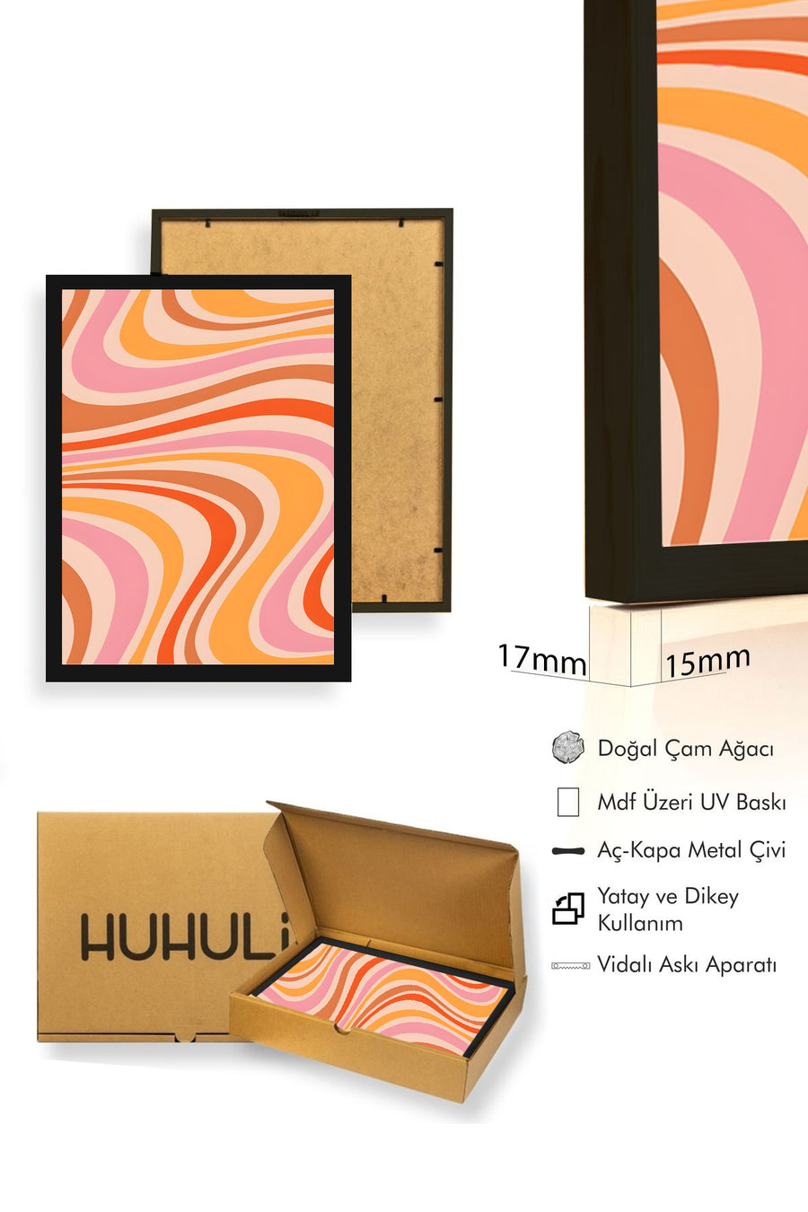 Doğal Ahşap Çerçeveli Retro Soyut Tablo - Turuncu Pembe Dalgalı Desen | huhu2807