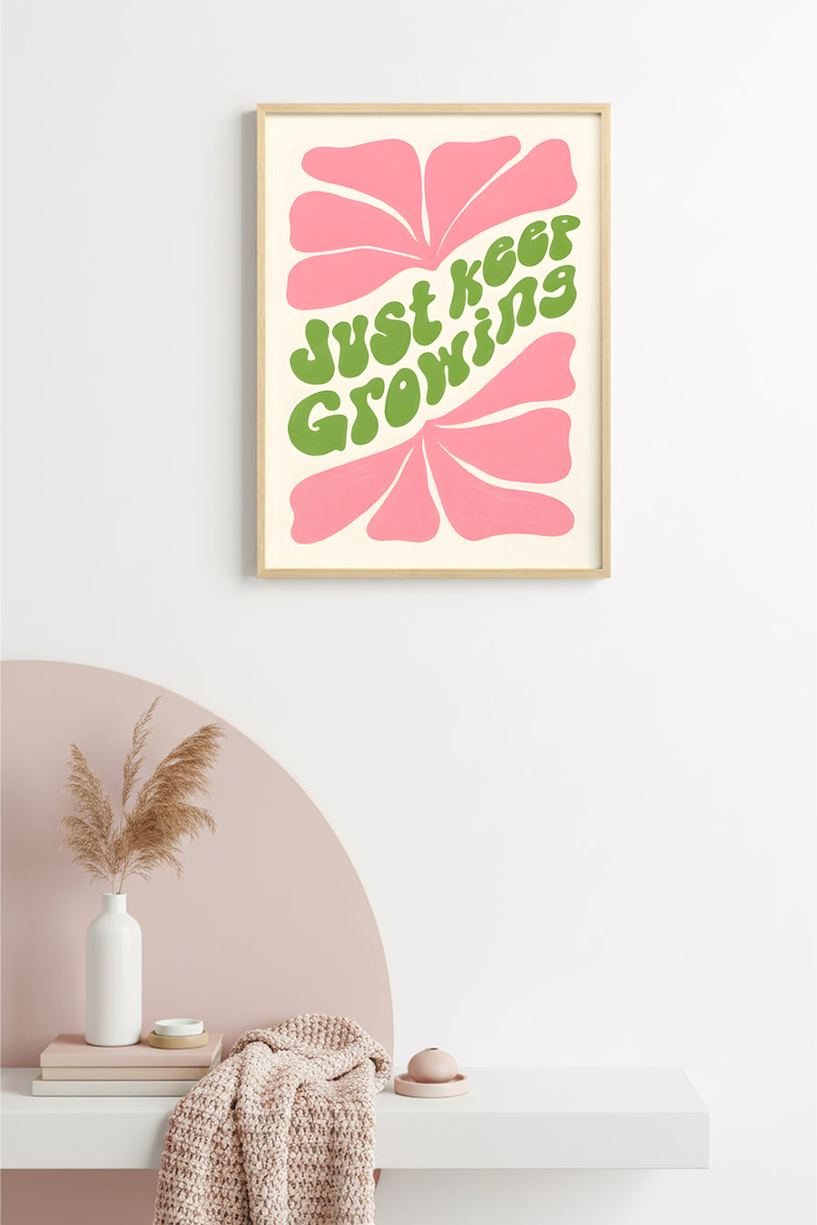 Doğal Ahşap Çerçeveli Retro Tablo - Yeşil Pembe Büyüme Mesajlı Poster | huhu2810