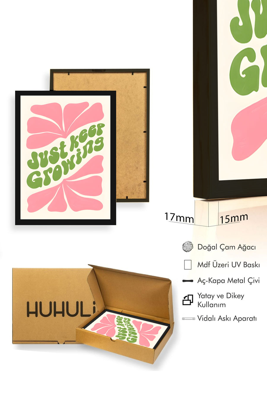 Doğal Ahşap Çerçeveli Retro Tablo - Yeşil Pembe Büyüme Mesajlı Poster | huhu2810