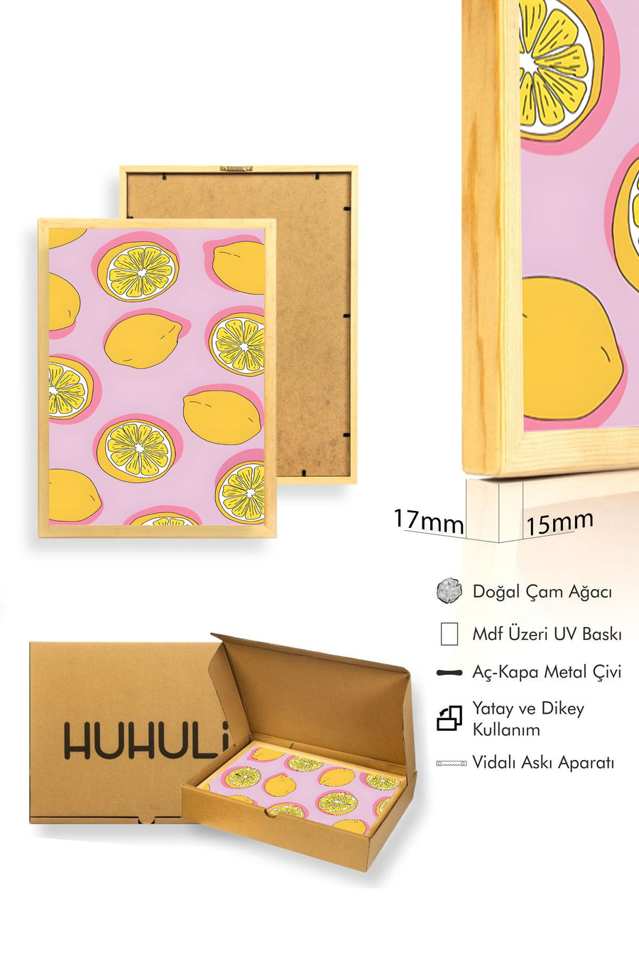 Doğal Ahşap Çerçeveli Retro Tablo - Limon Dilimleri Deseni | huhu2811