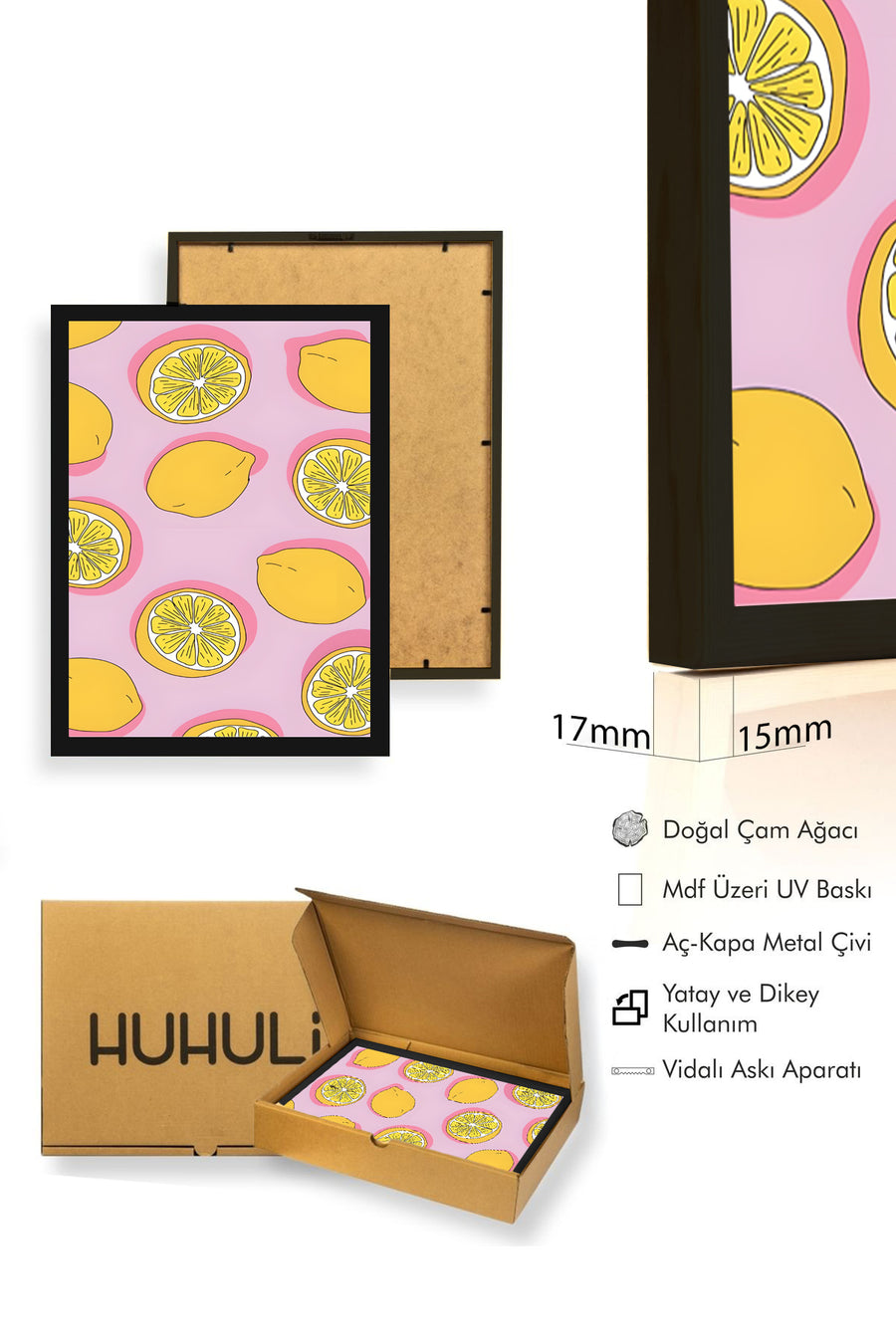 Doğal Ahşap Çerçeveli Retro Tablo - Limon Dilimleri Deseni | huhu2811