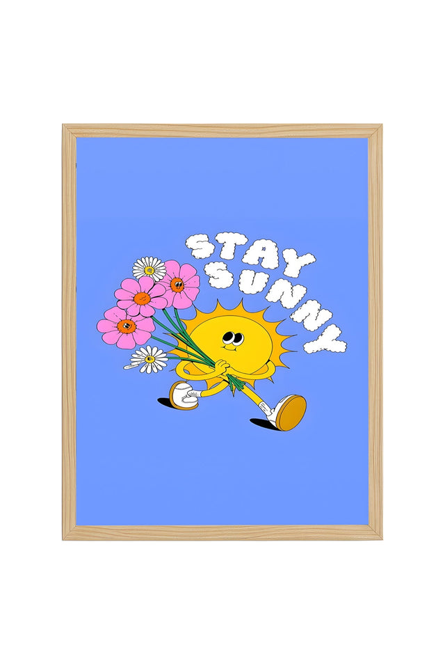 Doğal Ahşap Çerçeveli Retro Güneş ve Çiçekli Tablo - Stay Sunny | huhu2815