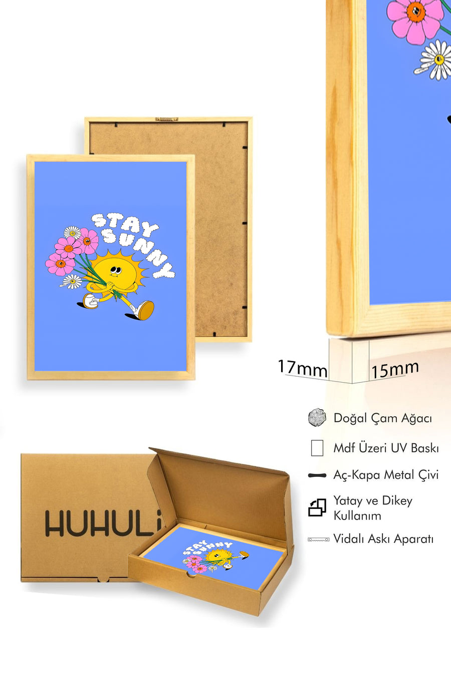 Doğal Ahşap Çerçeveli Retro Güneş ve Çiçekli Tablo - Stay Sunny | huhu2815
