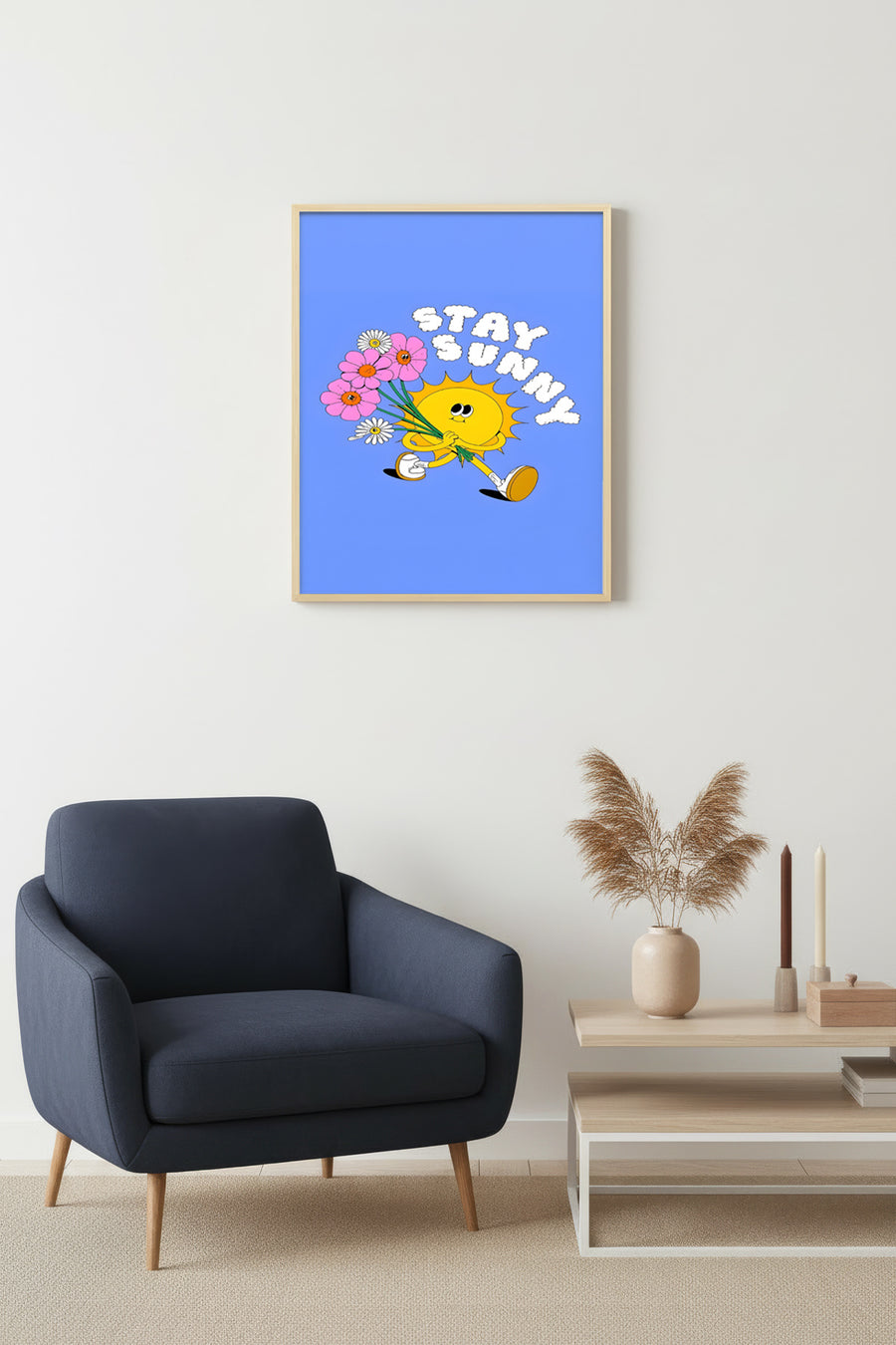 Doğal Ahşap Çerçeveli Retro Güneş ve Çiçekli Tablo - Stay Sunny | huhu2815