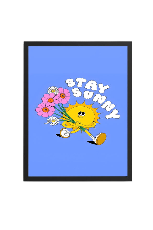 Doğal Ahşap Çerçeveli Retro Güneş ve Çiçekli Tablo - Stay Sunny | huhu2815