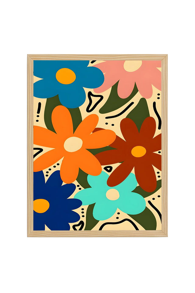 Doğal Ahşap Çerçeveli Pop Art Çiçekli Tablo - Retro Desen | huhu2816