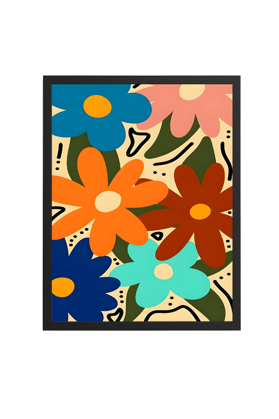 Doğal Ahşap Çerçeveli Pop Art Çiçekli Tablo - Retro Desen | huhu2816