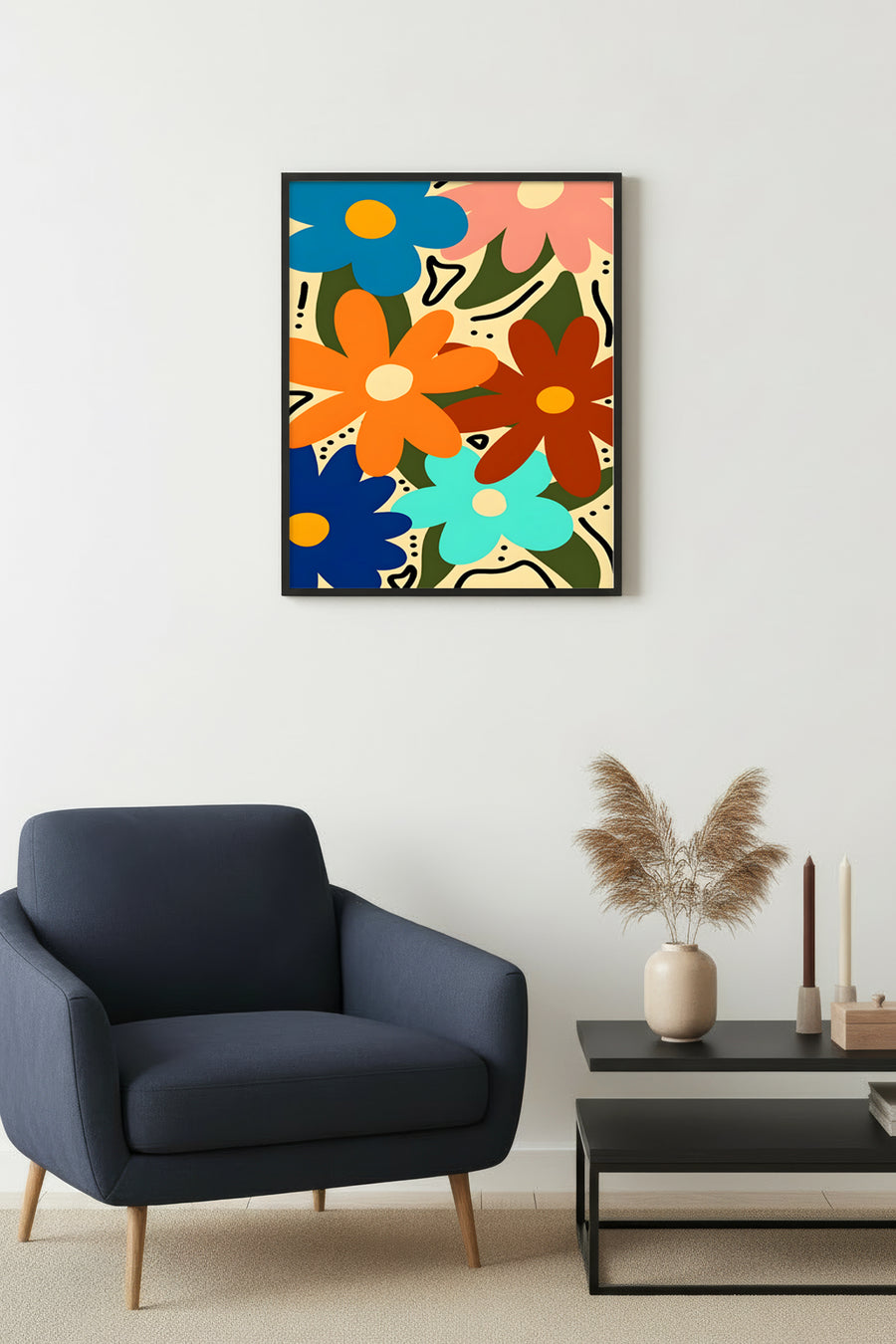 Doğal Ahşap Çerçeveli Pop Art Çiçekli Tablo - Retro Desen | huhu2816