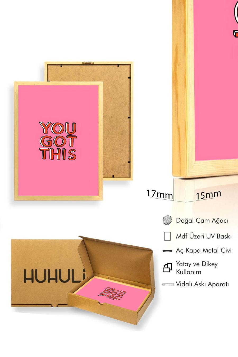 Doğal Ahşap Çerçeveli Tablo - Retro Motivasyon Pop Art "You Got This" | huhu2819