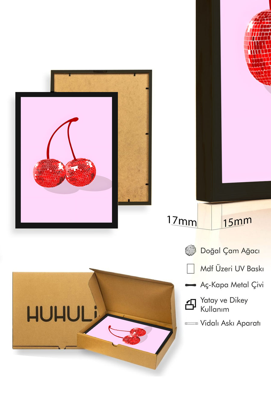 Doğal Ahşap Çerçeveli Retro Disco Tablo - Parlak Kırmızı Desen | huhu2820
