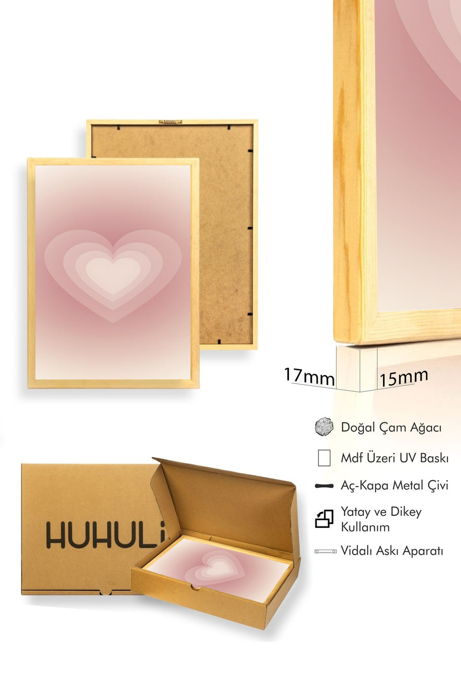 Doğal Ahşap Çerçeveli Retro Kalp Tablo - Romantik Soyut Desen | huhu2821