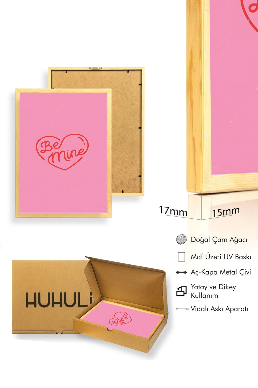 Doğal Ahşap Çerçeveli Retro Kalp Desenli Tablo - Be Mine Aşk Temalı | huhu2823
