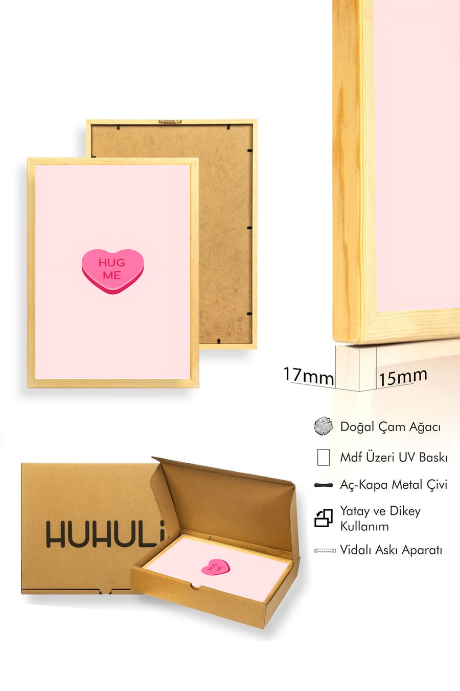 Doğal Ahşap Çerçeveli Retro Kalpli Tablo - Pembe Kucaklama Temalı | huhu2824