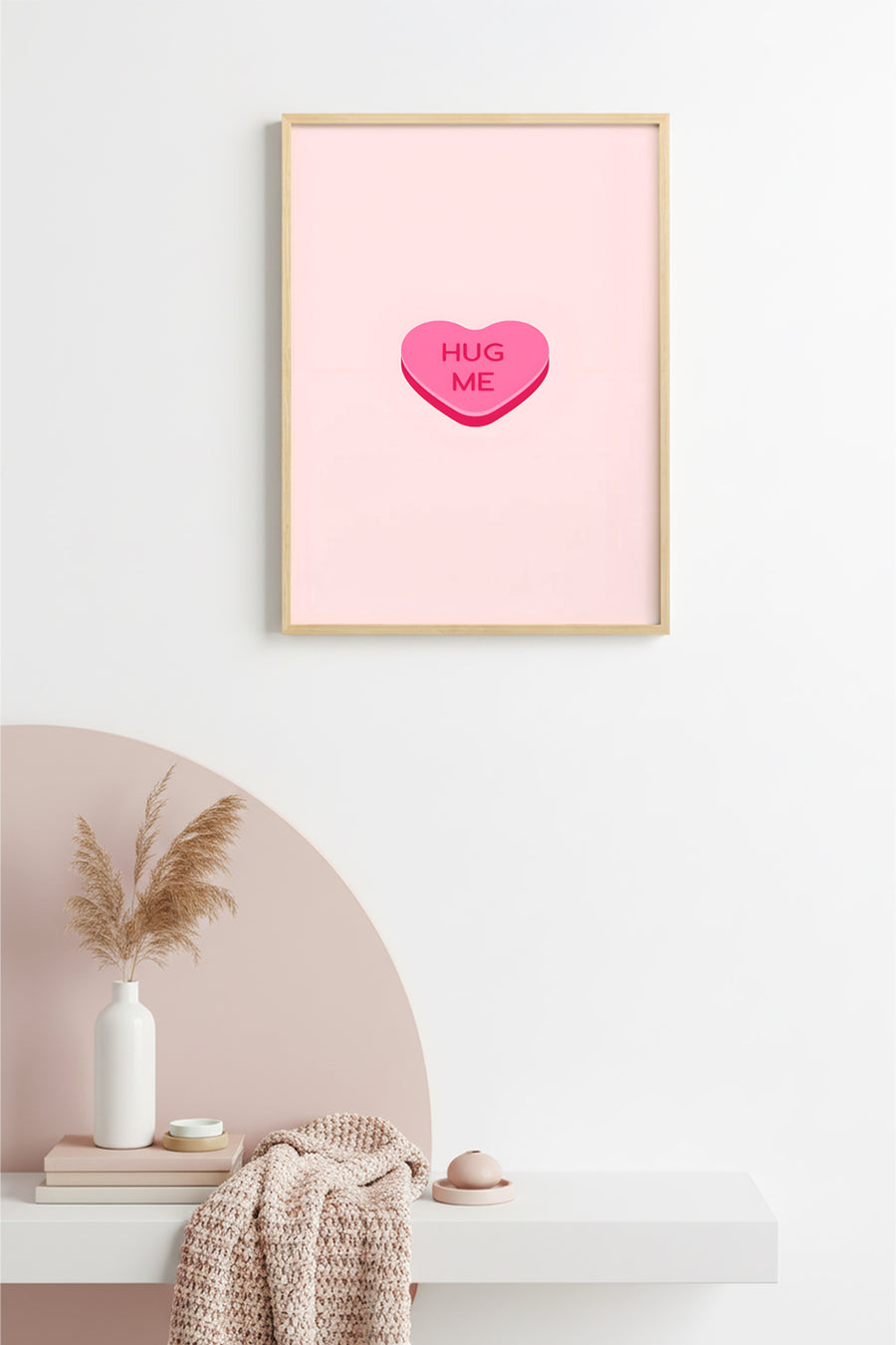 Doğal Ahşap Çerçeveli Retro Kalpli Tablo - Pembe Kucaklama Temalı | huhu2824