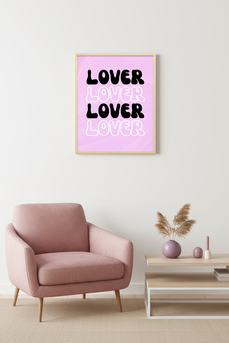 Doğal Ahşap Çerçeveli Retro Tipografi Tablo - Lover Yazılı Siyah Beyaz | huhu2825