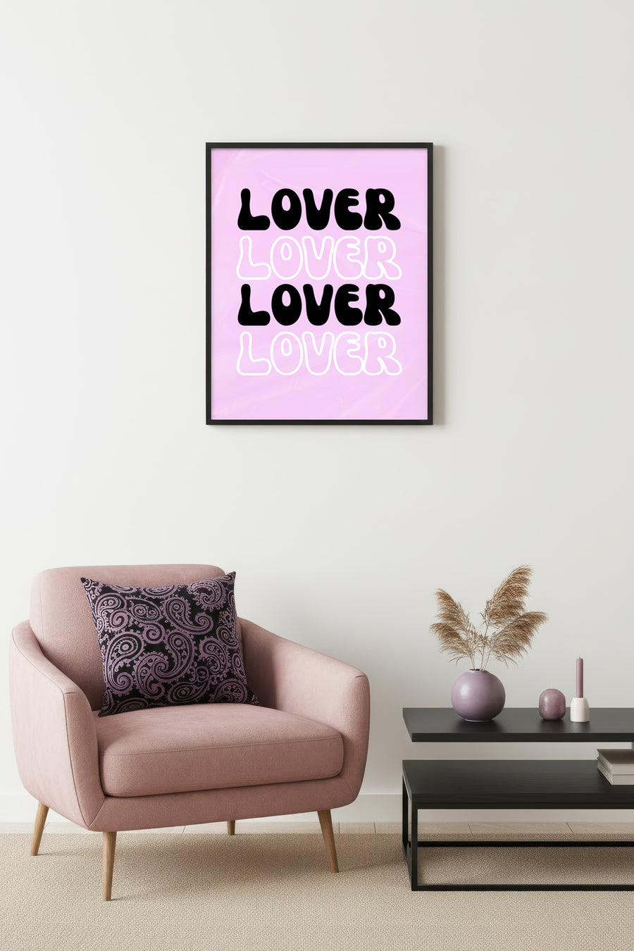 Doğal Ahşap Çerçeveli Retro Tipografi Tablo - Lover Yazılı Siyah Beyaz | huhu2825