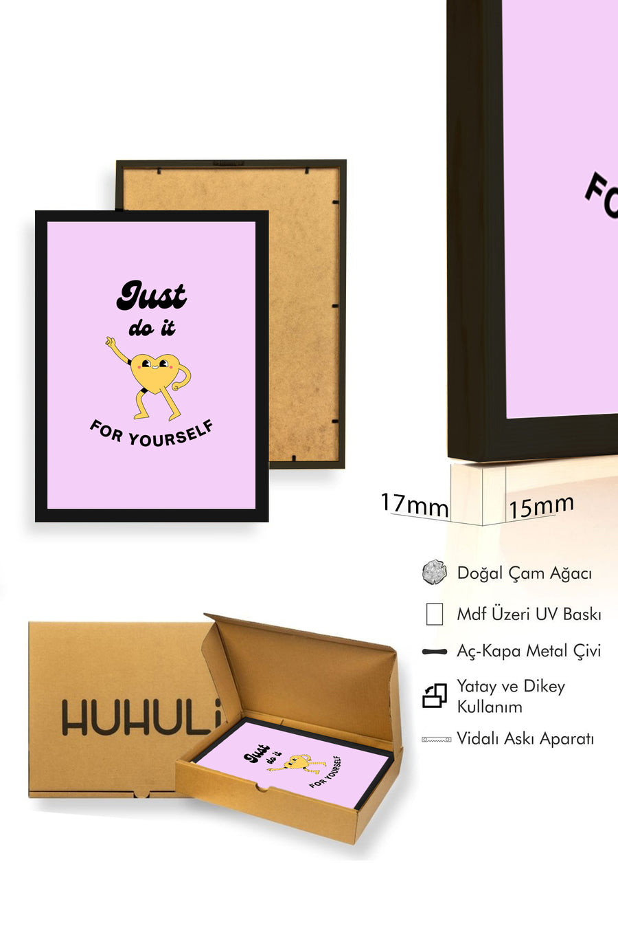 Doğal Ahşap Çerçeveli Retro Tablo - Kalpli Motivasyon Pop Art | huhu2826