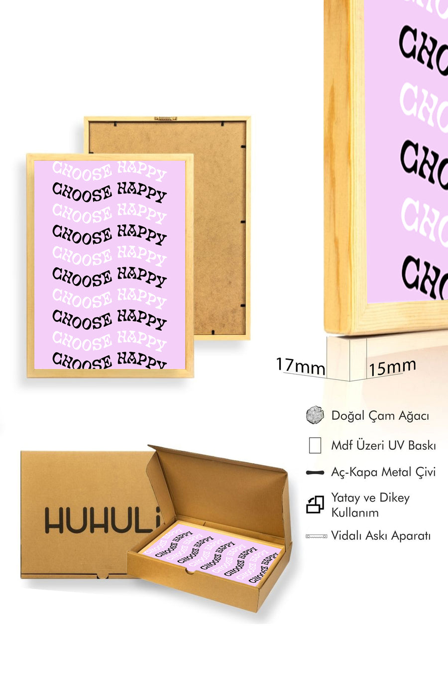 Doğal Ahşap Çerçeveli Retro Tablo - Choose Happy Yazılı Minimalist Duvar Sanatı | huhu2827